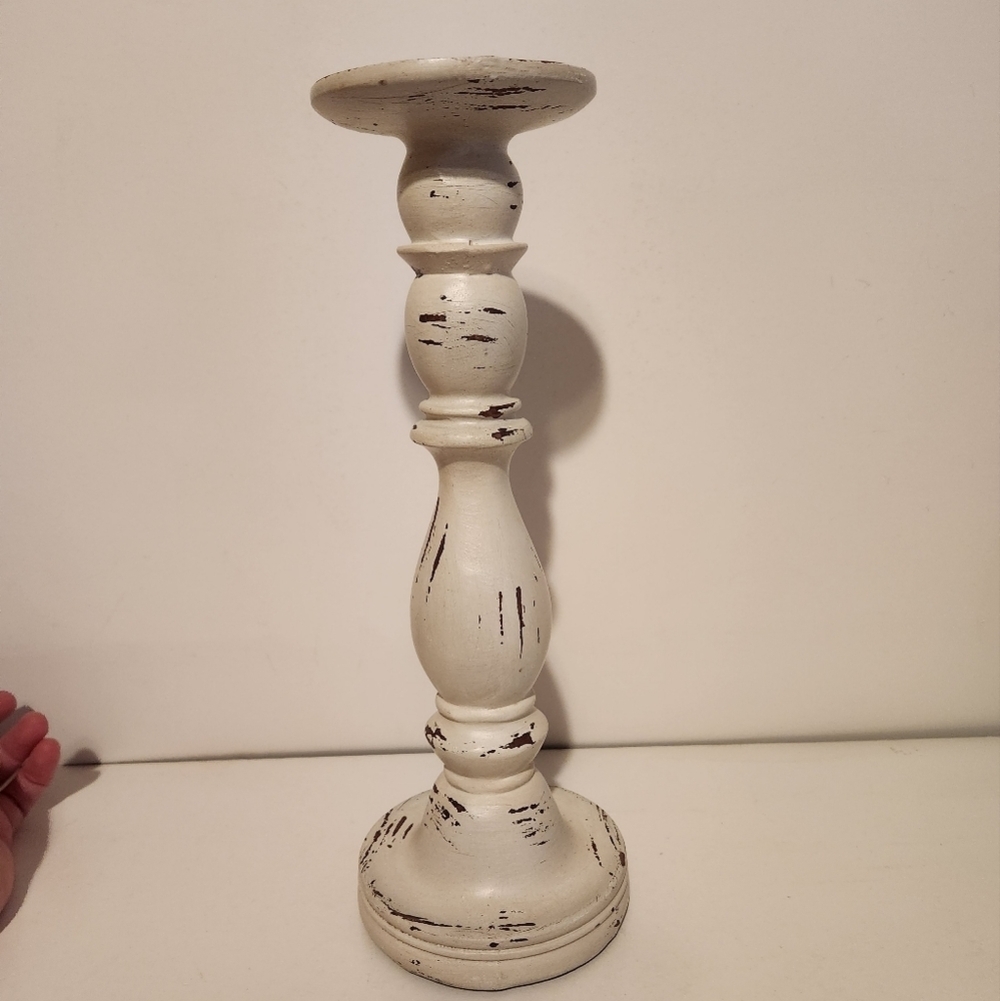 12” At Home White Rustic Worn Design Candlestick - Picture 4 of 8
